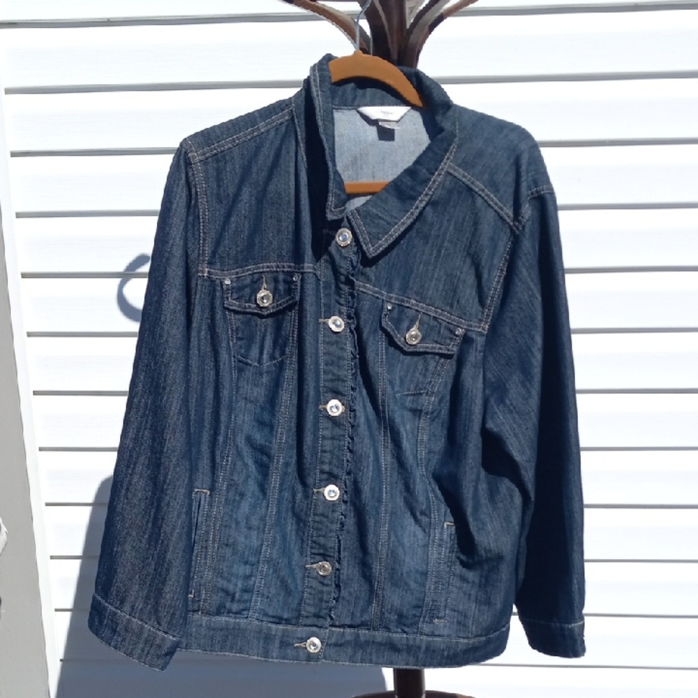 Womens CJ Banks Blue Denim Jacket W/Bling Buttons & Ruffle Along Buttons Size2X